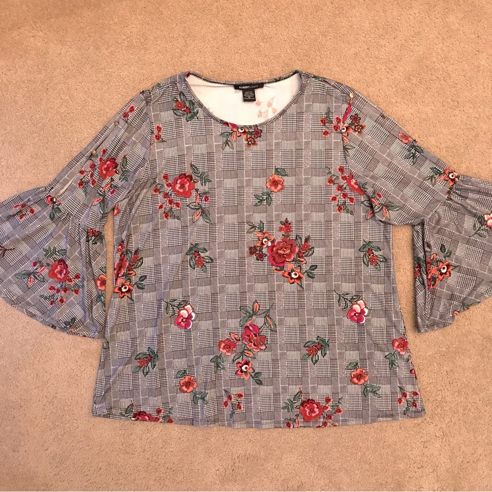 Robert Louis Womens Floral Bell Sleeve Blouse Size XL Grey Black Cottage Boho